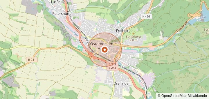 Kartenausschnitt mit dem Startbereich von Hexenstieg-Ultramarathon in Osterode am Harz / Thale